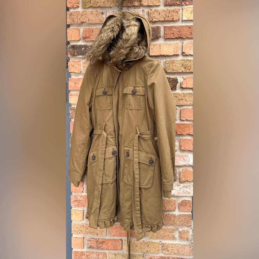 Anthropologie Tan Trench Coat with Faux-Fur Hood